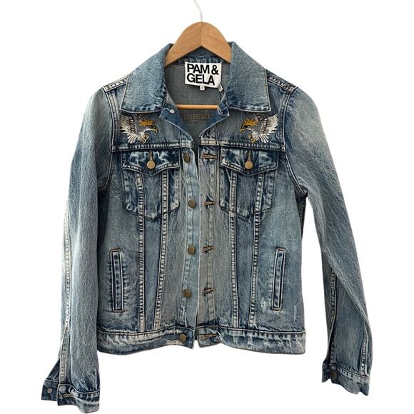 PAM & GELA Statement Denim Embroidered Jacket with‎ Rhinestone Eagles Size Small - Picture 4 of 12
